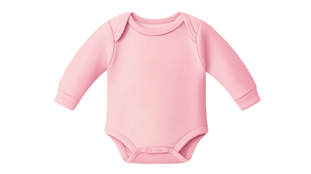Pink baby bodysuit with long sleeves on black background, cut out transparent png