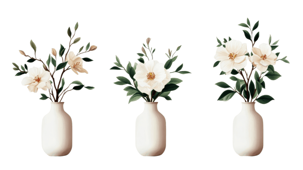 White flowers in vases, floral arrangement, elegant decor, cut out transparent png