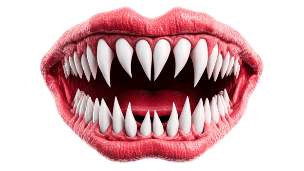 Creepy monster mouth with sharp teeth, sinister, cut out transparent png