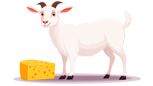 Cheerful goat with yellow cheese, isolated animal illustration, cut out transparent png
