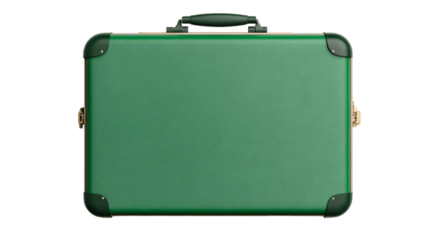 Green suitcase on black backdrop with handle, cut out transparent png