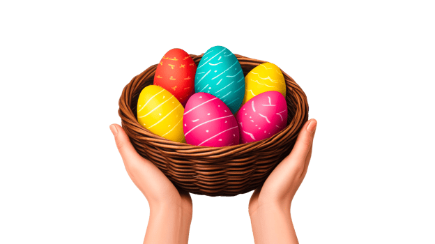Hands holding basket with Easter eggs, colorful designs, cutout transparent png