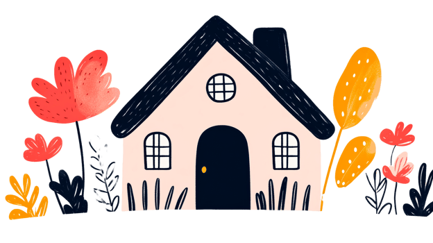 Whimsical house with vibrant flowers, playful art style, cut out transparent png