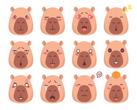 Cute capybara character emoji set. Capybara animal cartoon mascot emoji icons vector
