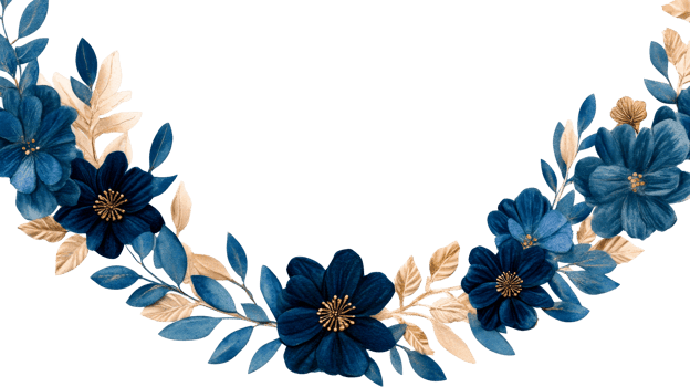 Floral blue and gold arc watercolor, delicate, beautiful, elegant, cut out transparent png