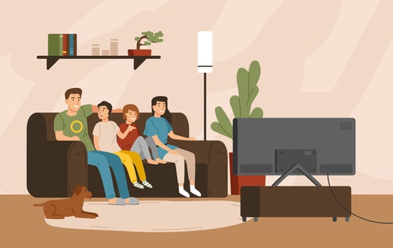 Smiling mother, father and children sitting on comfy sofa and watching television set. Happy family spending time together. Home entertainment. Colorful illustration in flat cartoon style vector