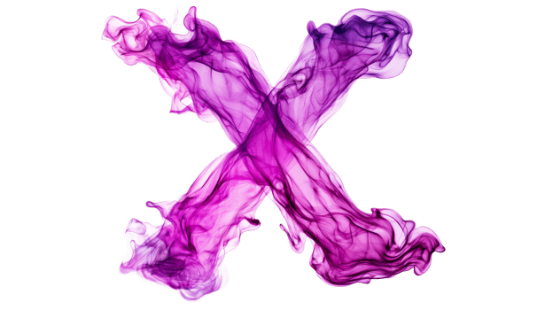 Abstract swirling purple smoke forming an X, cut out transparent png