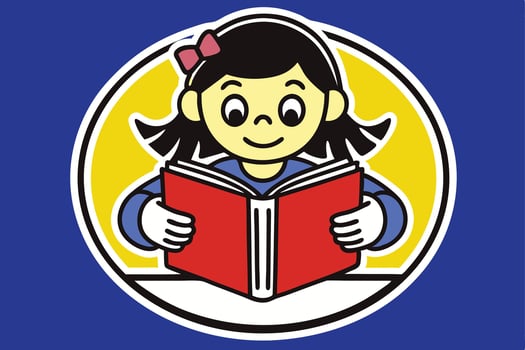 Cartoon Girl Reading Book in Frame, Cheerful Student with Blue Background vector