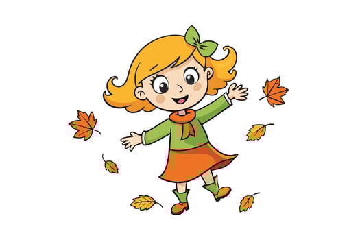 Cheerful Girl with Autumn Leaves, Cartoon Style, Cute Girl with a Green Bow vector