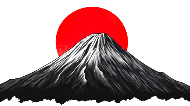 Mountain Fuji with red sun illustration in woodcut style, cut out transparent png