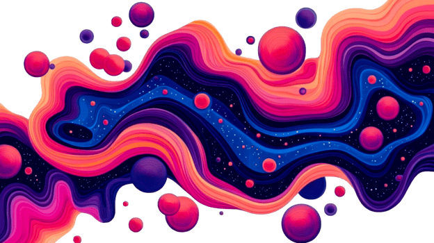 Swirls with colorful orbs on black background, cut out transparent png