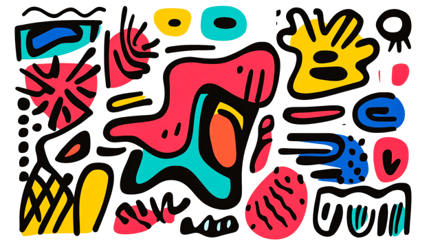 Bright and playful abstract art pattern, colorful shapes design, cut out transparent png
