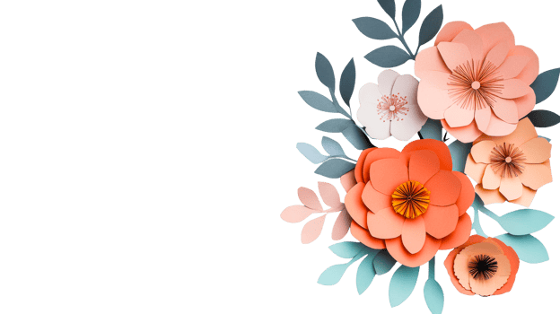 Paper flowers arrangement in peach colors on black background, cut out transparent png