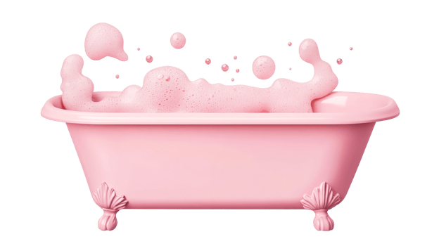 Vintage-style bathtub with pink soap foam and bubbles, cut out transparent png