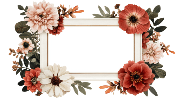 Floral frame with red and beige flowers illustration, cut out transparent png