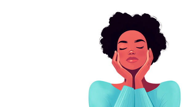 Beautiful woman closed eyes, palms to cheeks, blue sweater, isolated, cut out transparent png