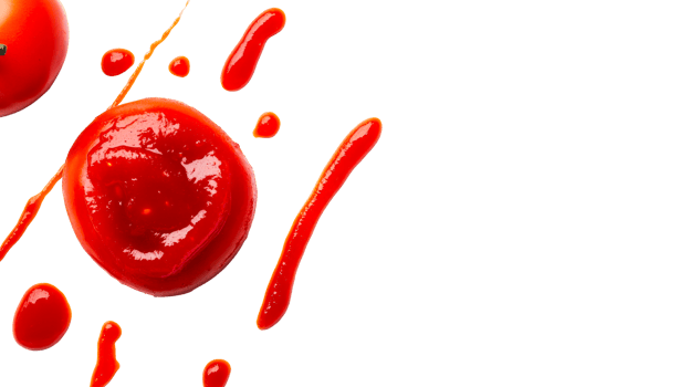 Tomato and ketchup droplets, a tasty food ingredient, cut out transparent png