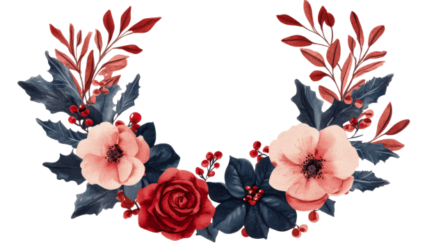 Watercolor Flower Wreath with Berries and Leaves, cut out transparent png