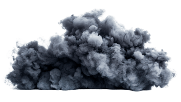 Heavy swirling smoke background on black, cloud shape, transparent cut out png
