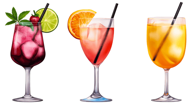 Set of cocktails, glasses, straw, ice, drinks, fruit, cut out transparent png