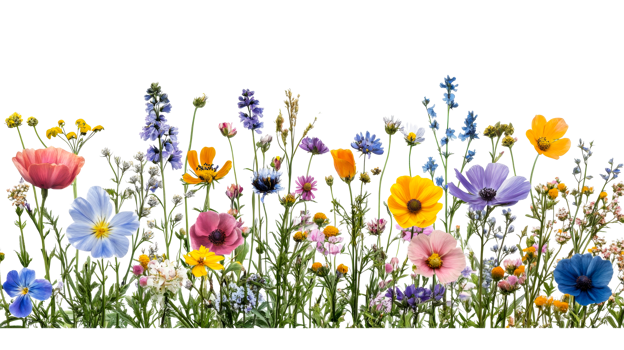 Meadow of Colorful Wildflowers Isolated on Black Background, cut out transparent png
