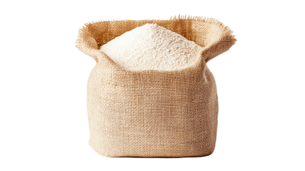 Burlap sack full of white flour, rustic presentation, cut out transparent png