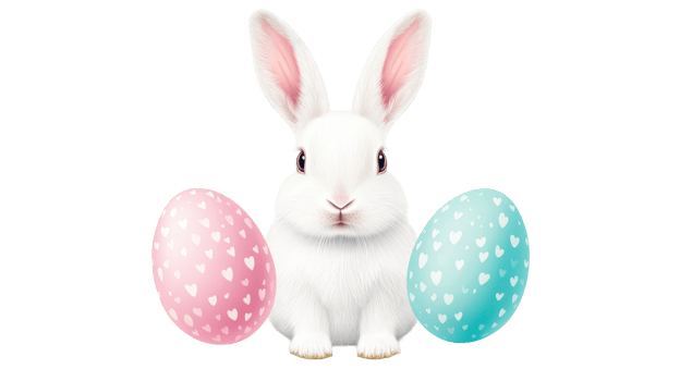 Easter bunny with eggs art, pink, blue colors, cute holiday decor, cut out transparent png