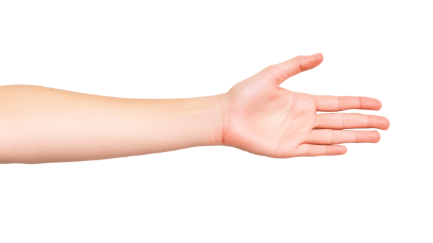 Open Caucasian hand offering welcome, on black background, cut out transparent png