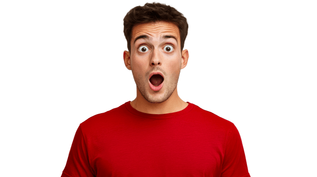 Man in red t-shirt expressing surprise, wide-eyed stare, cut out transparent png