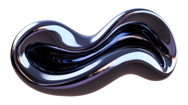 Abstract chrome shape with fluid swirls on black backdrop, cut out transparent png