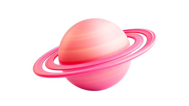Pink cartoon planet with rings, cut out transparent png