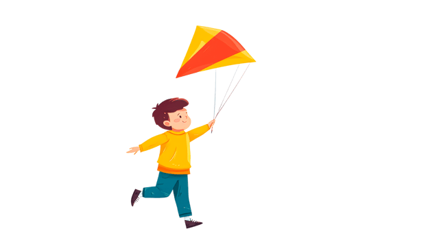 Boy flying kite, childhood joy, outdoor activity, illustration, cut out transparent png