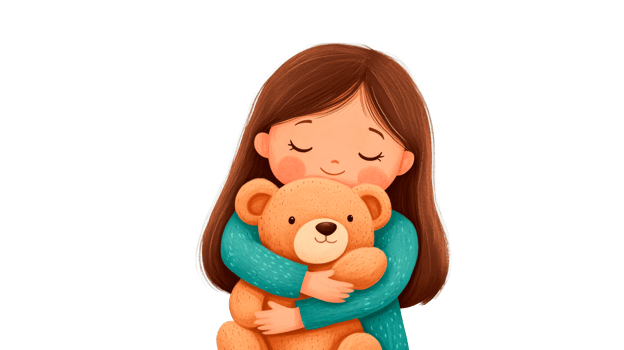 Girl hugs teddy bear, closed eyes, smiling, brown hair, cut out transparent png