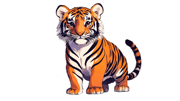 Illustration of an orange tiger cub sitting, graphics, cut out transparent png