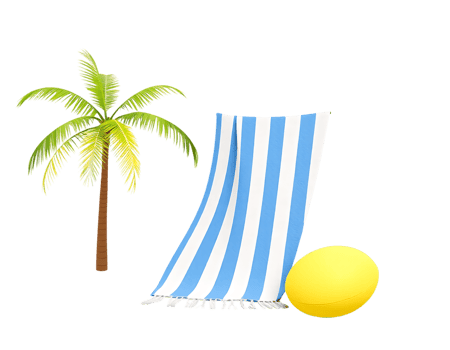 Summer beach scene with palm tree, towel, and sun png