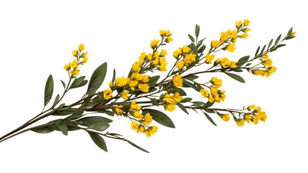 Decorative sprig with yellow flowers and green leaves, cut out transparent png