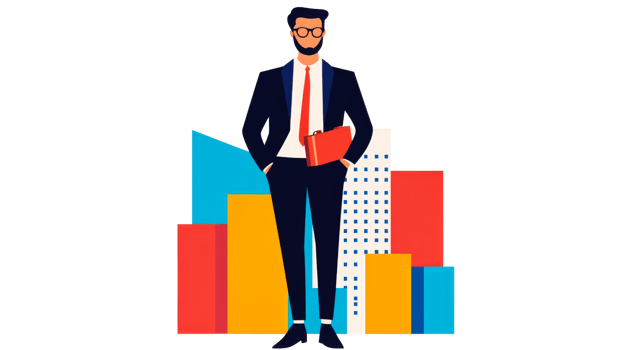 Businessman with briefcase standing against abstract city, cut out transparent png