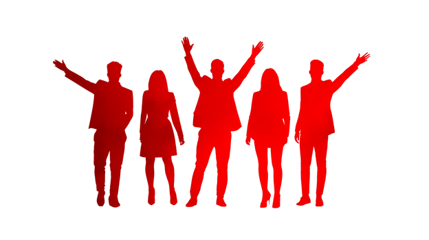 Five friends raising arms in celebration, success, joy, cut out transparent png