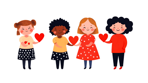 Diverse children holding hearts, unity concept, diversity, cut out transparent png