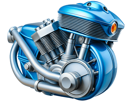 A detailed illustration of a motorcycle engine, featuring a deep blue metallic finish. png