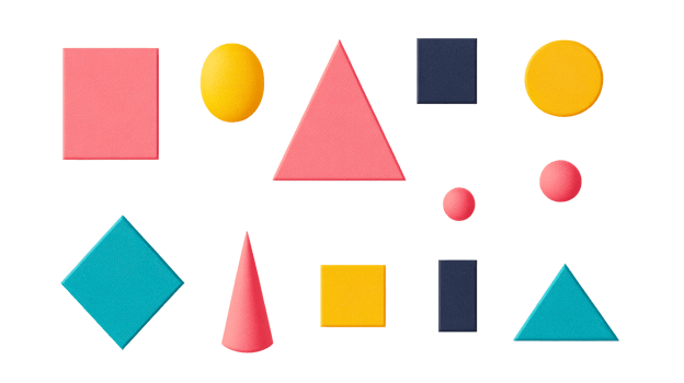 Various textured geometric shapes, bright color schemes, black backdrop, cut out transparent png