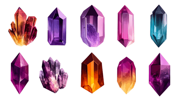 Assorted colorful crystals on black background, cut out transparent png