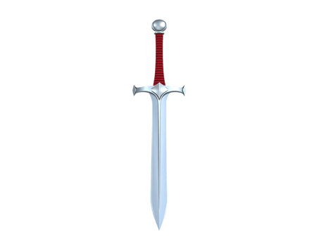 A detailed illustration of a silver sword with a red handle. png