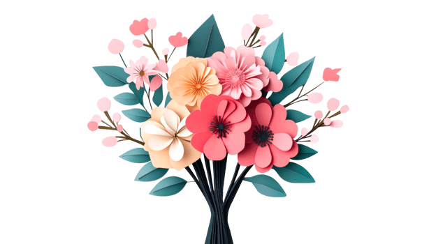Floral bouquet of delicate papercraft flowers on black, cut out transparent png