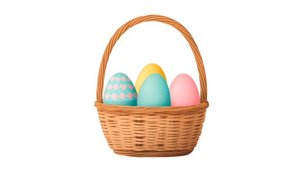 Easter basket full colorful decorated eggs, spring holiday, cut out transparent png