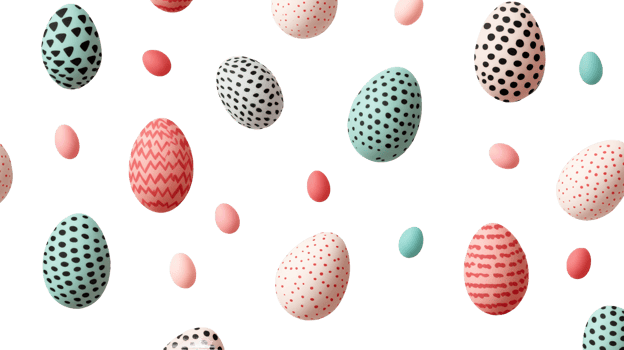 Easter eggs of various colors, shapes, and patterns, cut out transparent png