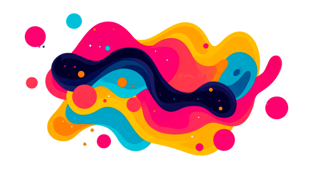 Abstract colorful fluid shapes, dynamic layers, and dots, cut out transparent png