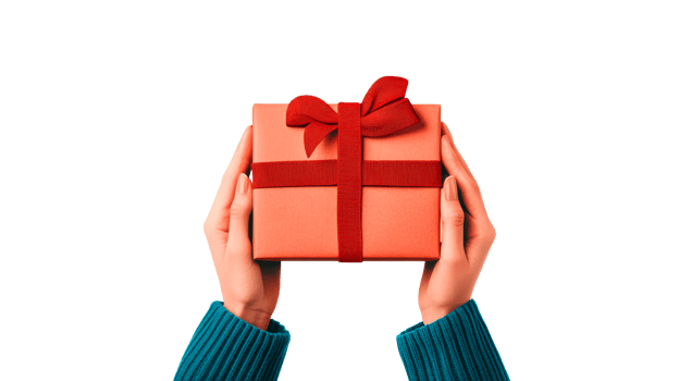 Hands holding coral gift box with red ribbon, cut out transparent png