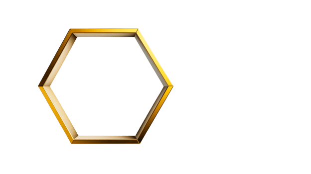 Gold hexagon shape on black background, decorative element, cut out transparent png