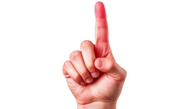 Forefinger pointing up with pink skin, show number one, cut out transparent png